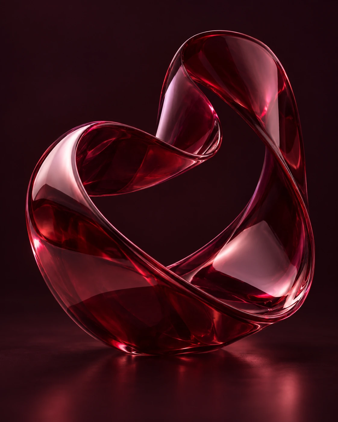 A translucent cherry-red glass ribbon folding into an expressive loop